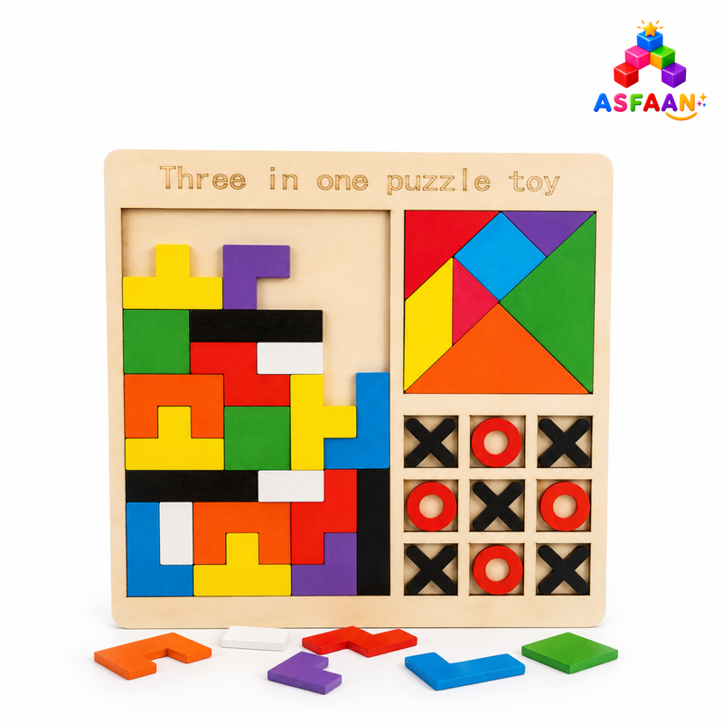 Wooden 3 in 1 Puzzle Toy (Tetris, Tangram & Tic-Tac-Toe)