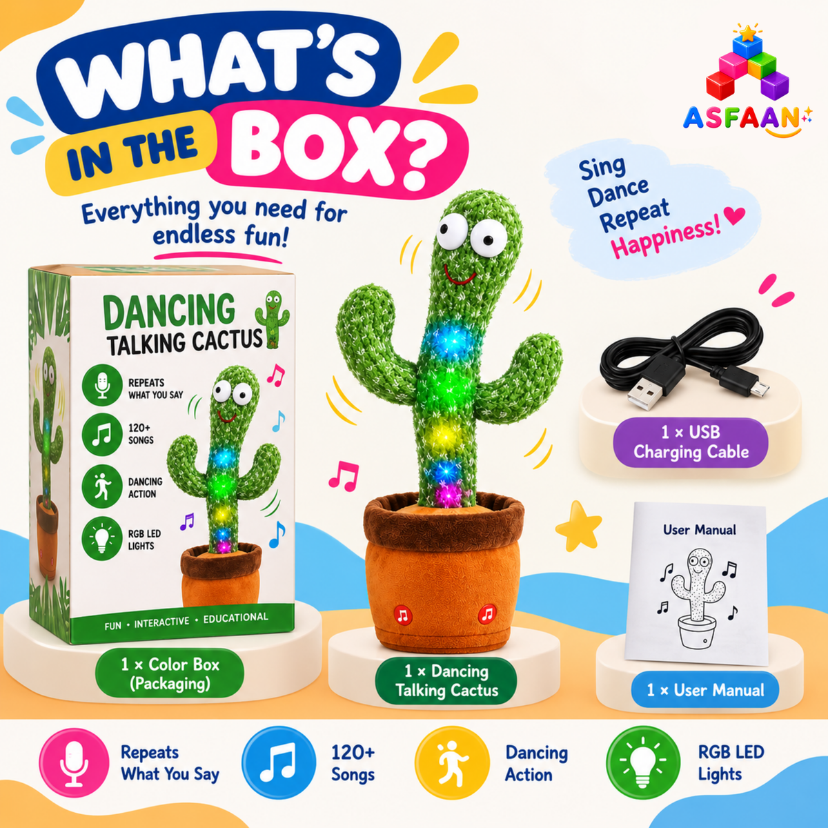 Dancing & Talking Cactus Toy – Rechargeable Interactive Toy for Kids