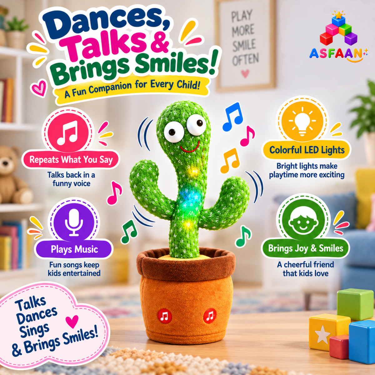 Dancing & Talking Cactus Toy – Rechargeable Interactive Toy for Kids