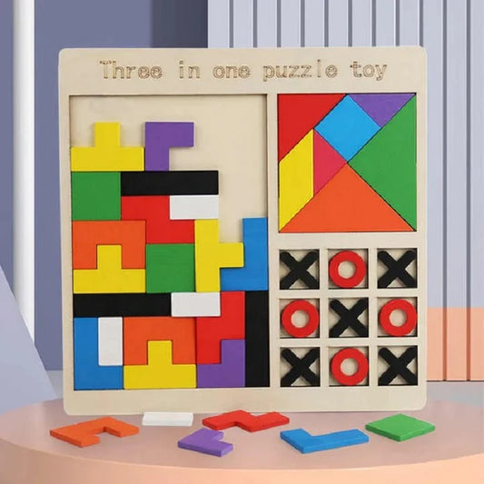 Wooden 3 in 1 Puzzle Toy (Tetris, Tangram & Tic-Tac-Toe)
